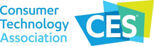 (CTA logo) Company name in 3 rows, blue print: CONSUMER TECHNOLOGY ASSOCIATION. Followed by a sign of 4 squares/rhombus intersecting, resulting in a mixture of 5 different colors. In middle of intersection, white letters: CES