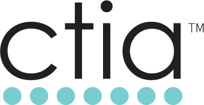 (CTIA logo) Company name in lowercase black print: CTIA (TM). Below name are 7 turquoise circles/dots in a row