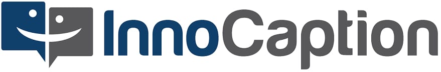 (InnoCaption logo) Design showing two speech boxes, left in blue, right in grey. Speech boxes are adjacent to show a smiling face. Designed followed by company name in Blue: INNO, then grey: CAPTION
