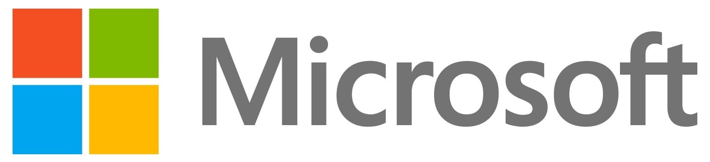 (Microsoft logo) Four colored squares arranged to show one large square. Top squares in red and green. Bottom squares in blue and yellow. Followed by company name in black: MICROSOFT