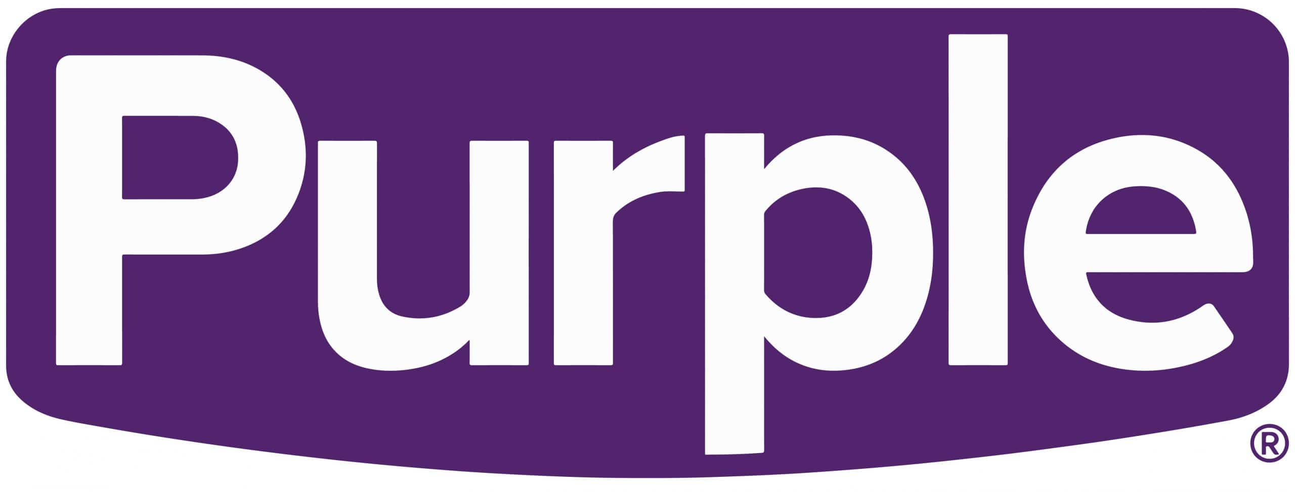 (Purple VRS logo) Purple rectangle with slight protruding arc on bottom. Inside rectangle in white text: PURPLE