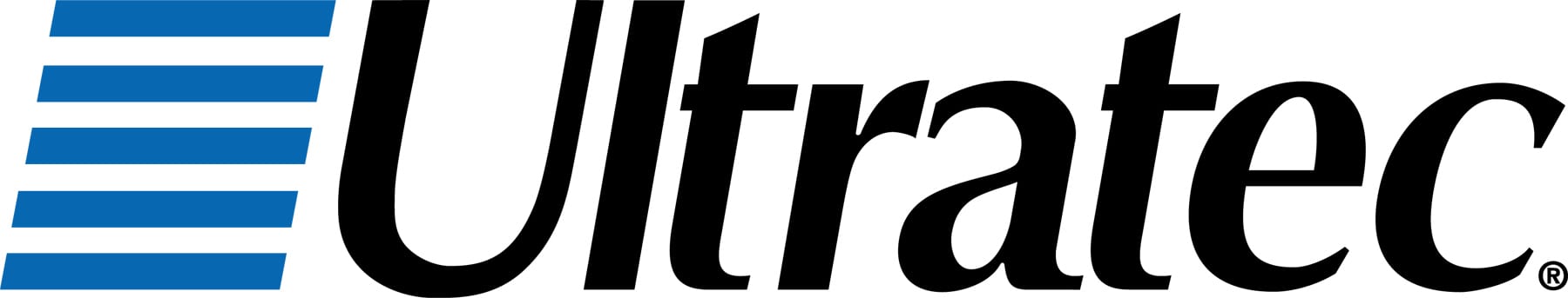 (Ultratec logo) Design representing 5 blue stacked bars. Followed by company name in black: ULTRATEC