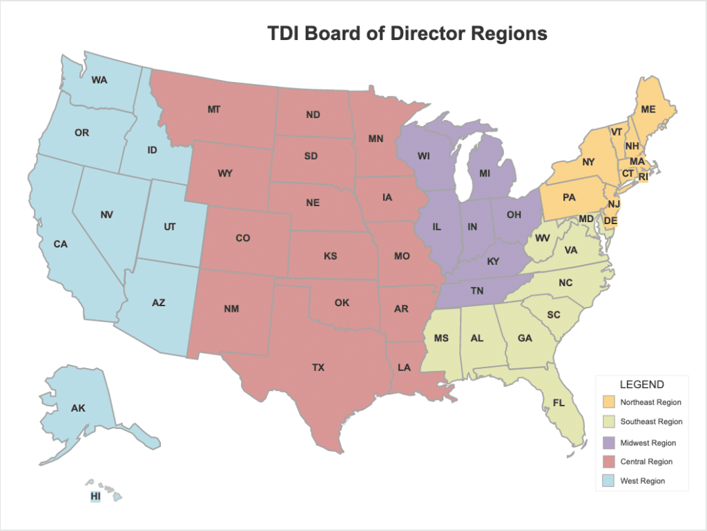 A map of the United States split into regions representing Board Directors' different regions.